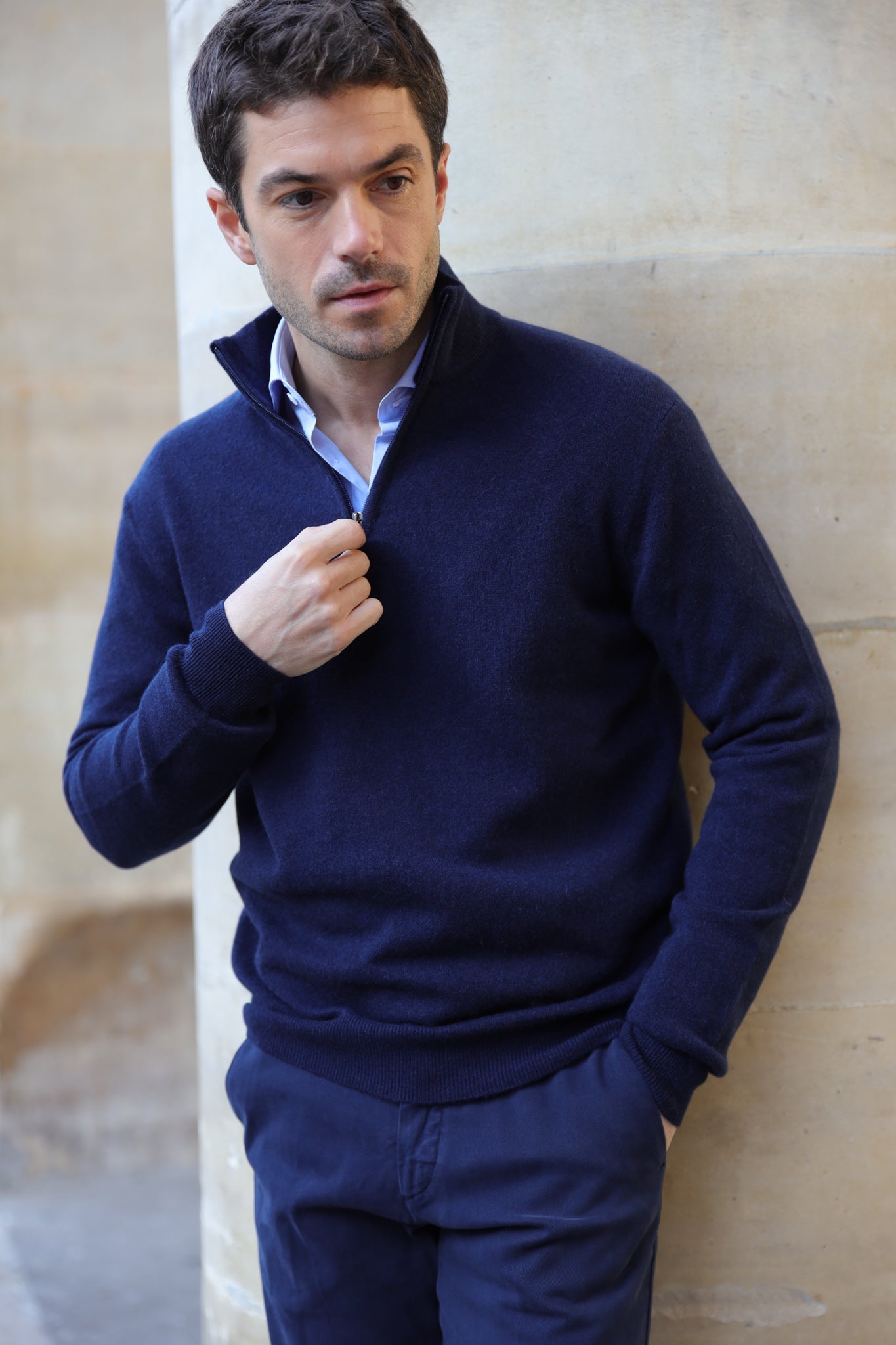 Pull Amar col zippé 100% cachemire - Marine-PULL HOMME-Curling-Paris