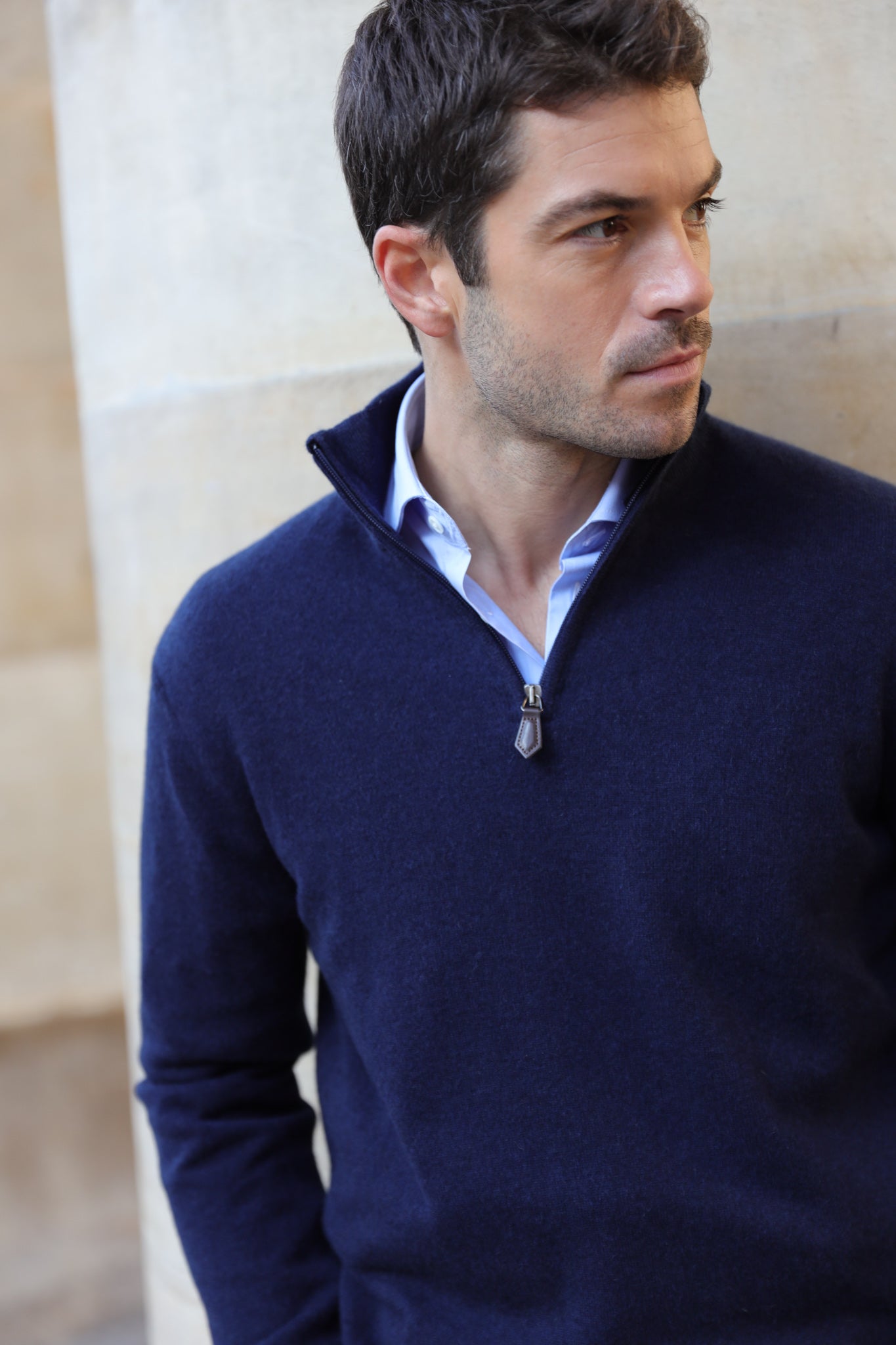 Pull Amar col zippé 100% cachemire - Marine-PULL HOMME-Curling-Paris