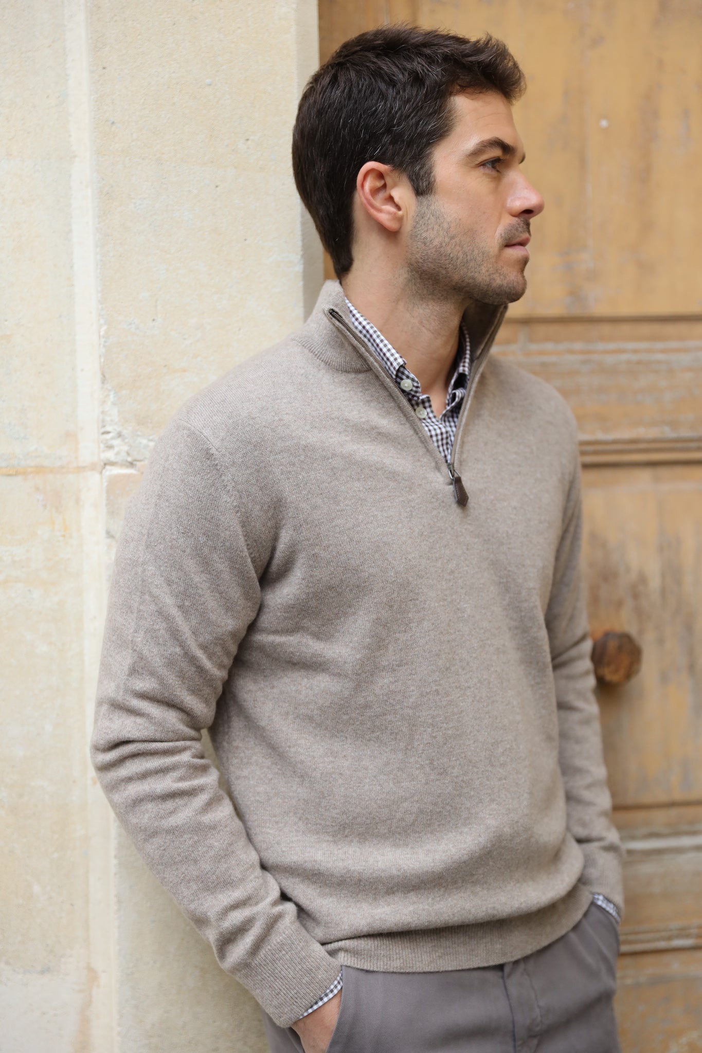 Pull Amar col zippé 100% cachemire - Taupe-PULL HOMME-Curling-Paris