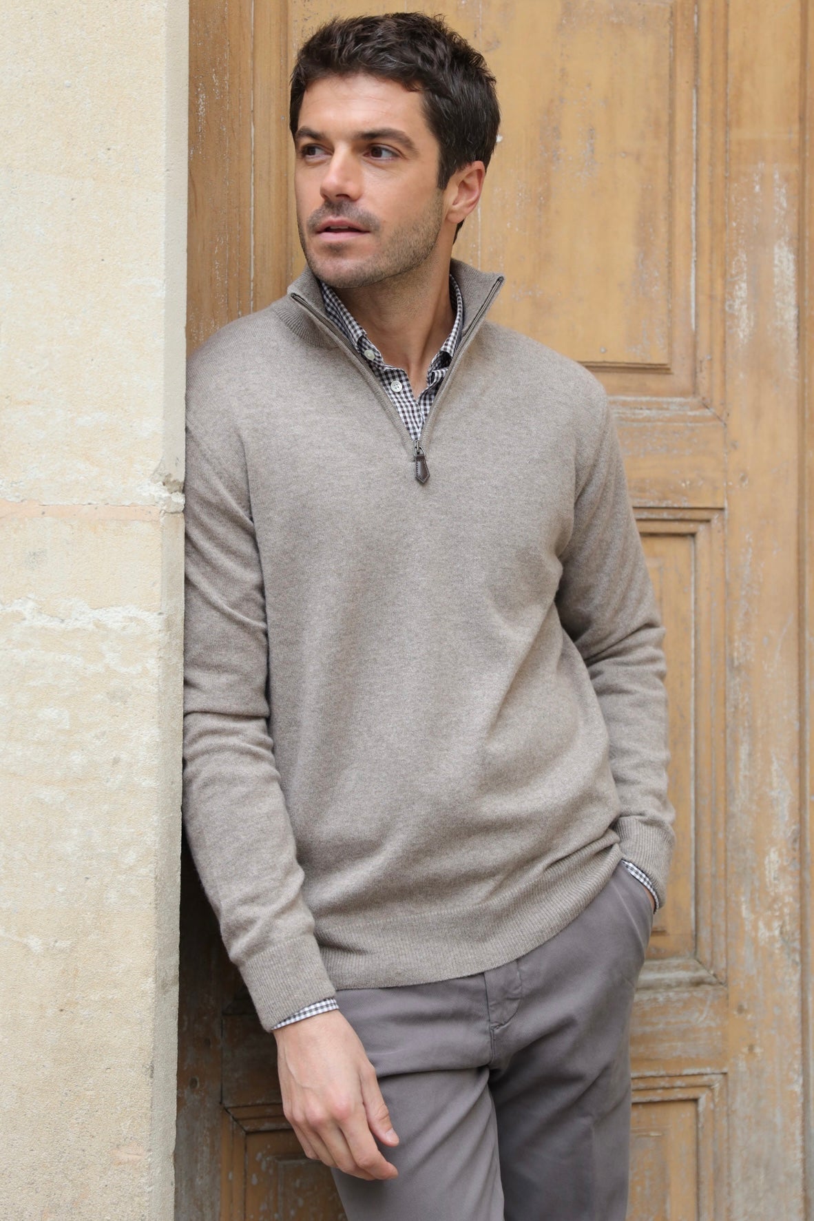 Pull Amar col zippé 100% cachemire - Taupe-PULL HOMME-Curling-Paris