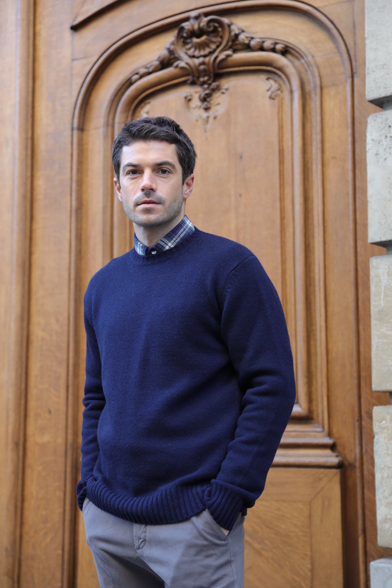 Pull Arthur col rond en laine et cachemire - Marine-PULL HOMME-Curling-Paris