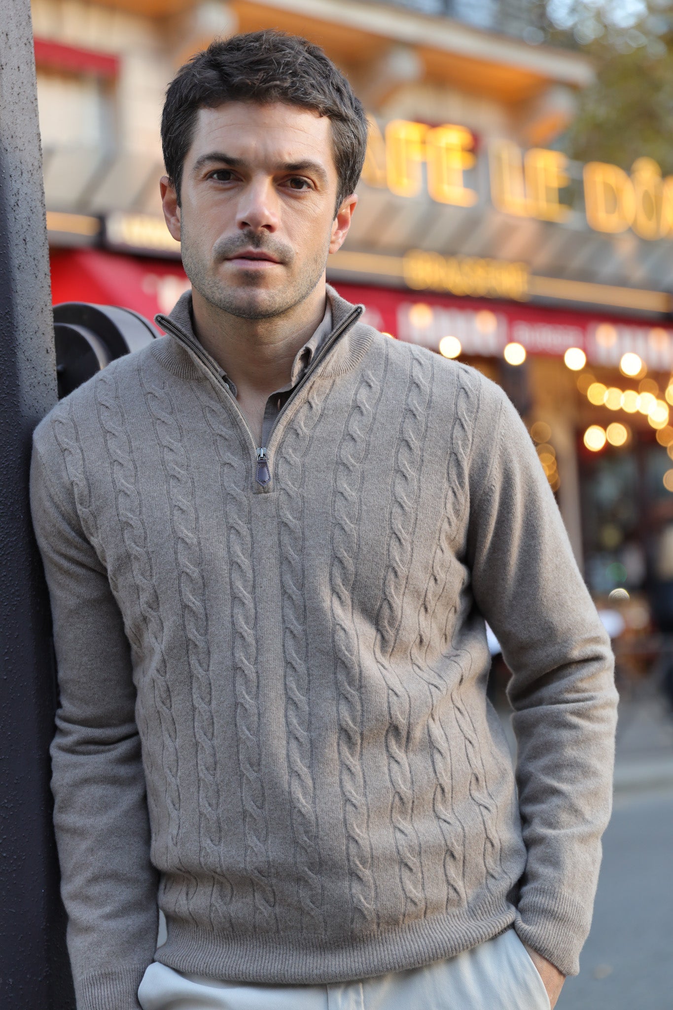 Pull Carlo à torsades col zippé en laine et cachemire - Beige-PULL HOMME-Curling-Paris