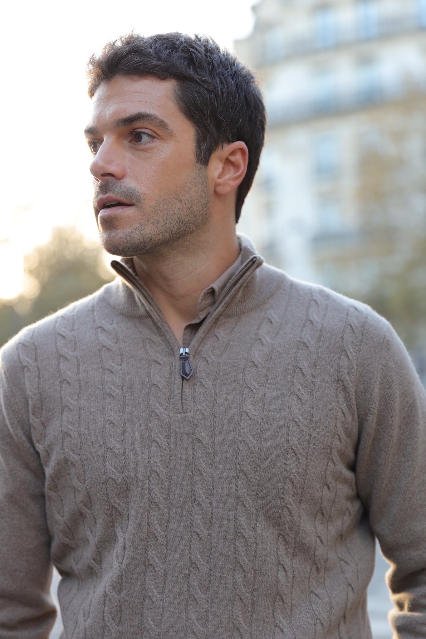 Pull Carlo à torsades col zippé en laine et cachemire - Beige-PULL HOMME-Curling-Paris