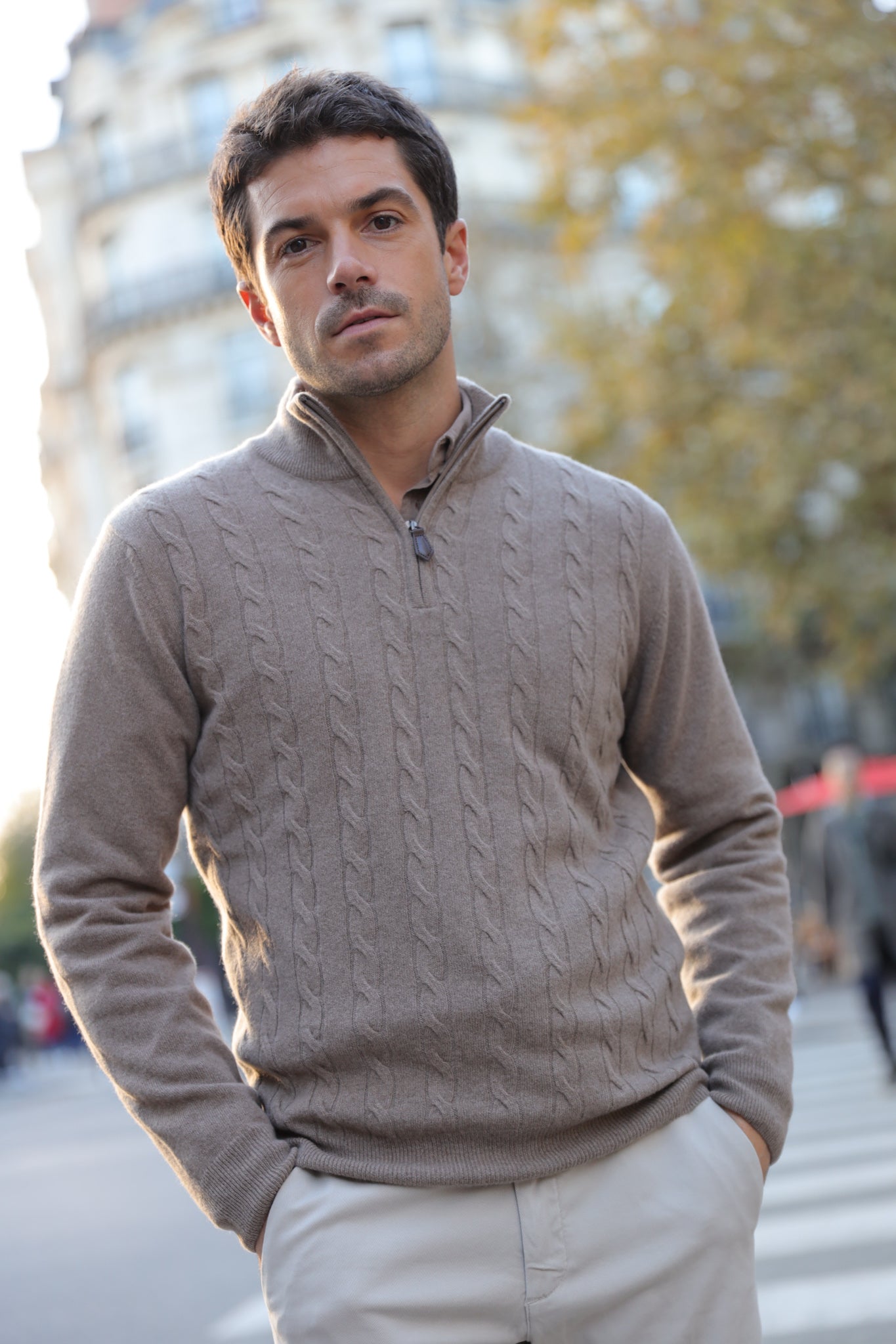 Pull Carlo à torsades col zippé en laine et cachemire - Beige-PULL HOMME-Curling-Paris