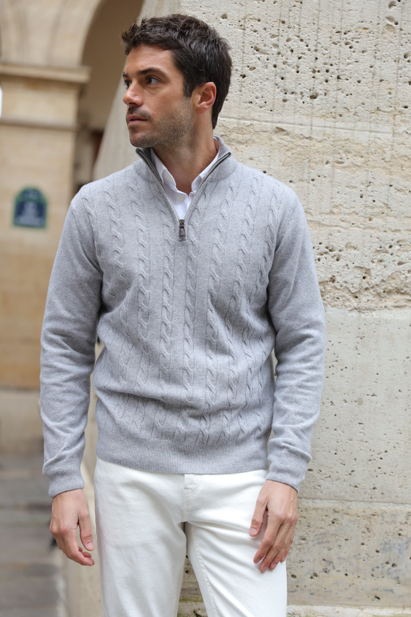 Pull Carlo à torsades col zippé en laine et cachemire - Gris clair-PULL HOMME-Curling-Paris