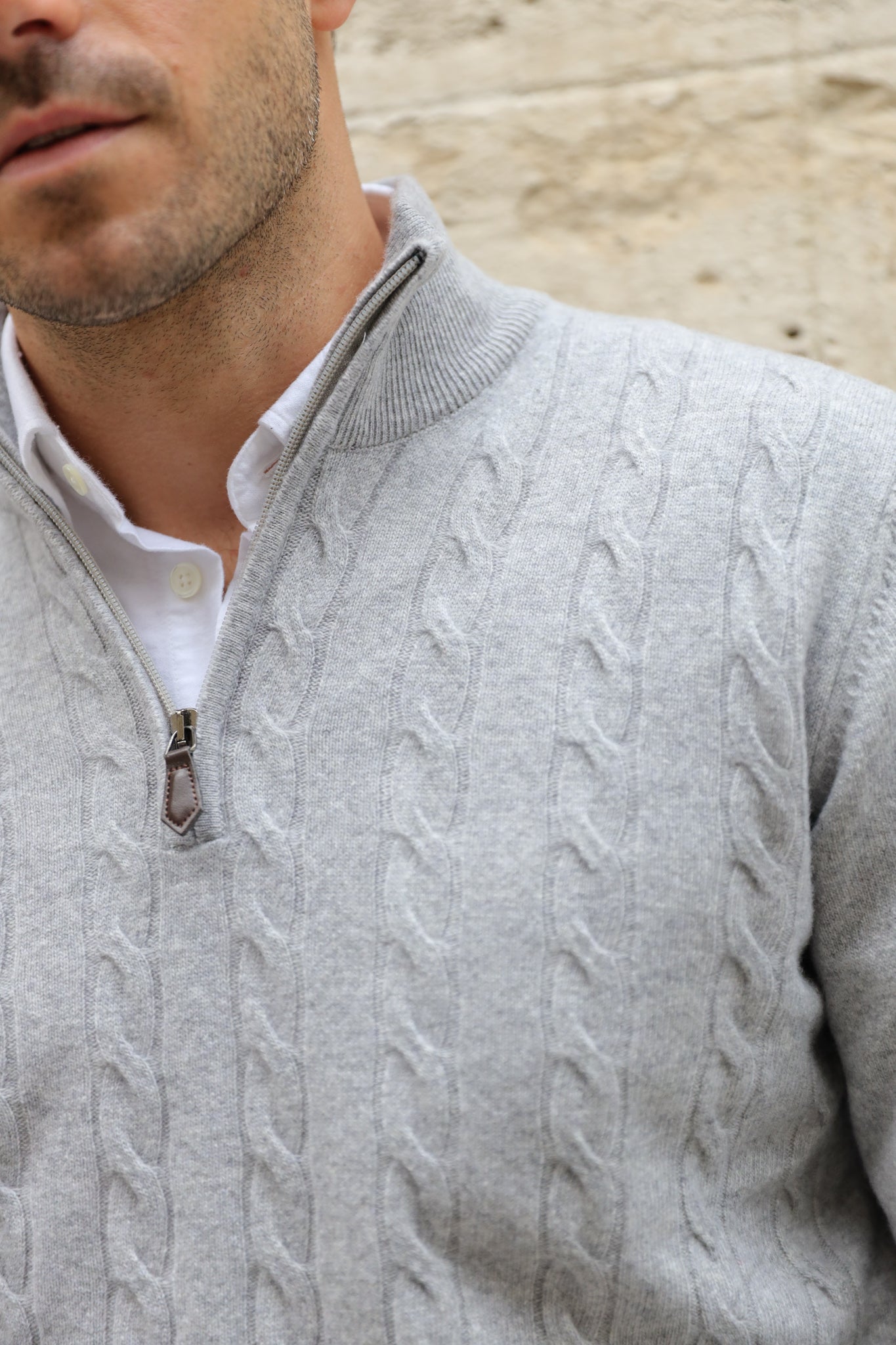 Pull Carlo à torsades col zippé en laine et cachemire - Gris clair-PULL HOMME-Curling-Paris