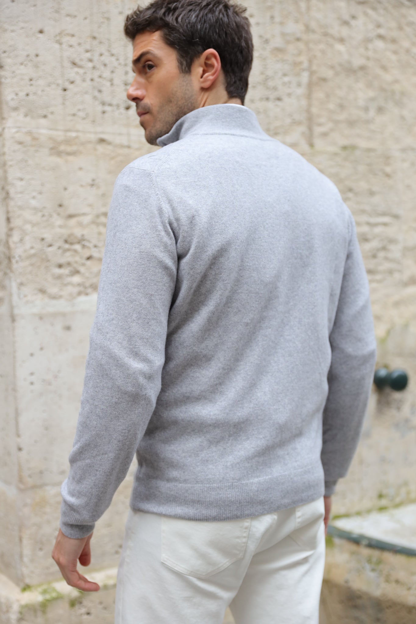 Pull Carlo à torsades col zippé en laine et cachemire - Gris clair-PULL HOMME-Curling-Paris