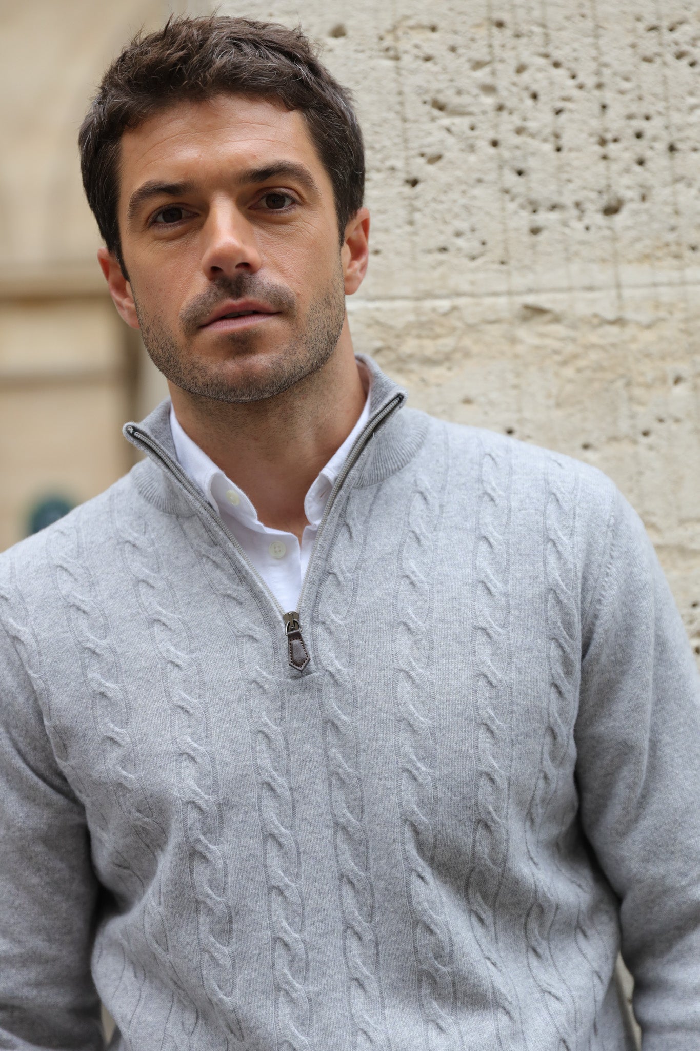 Pull Carlo à torsades col zippé en laine et cachemire - Gris clair-PULL HOMME-Curling-Paris