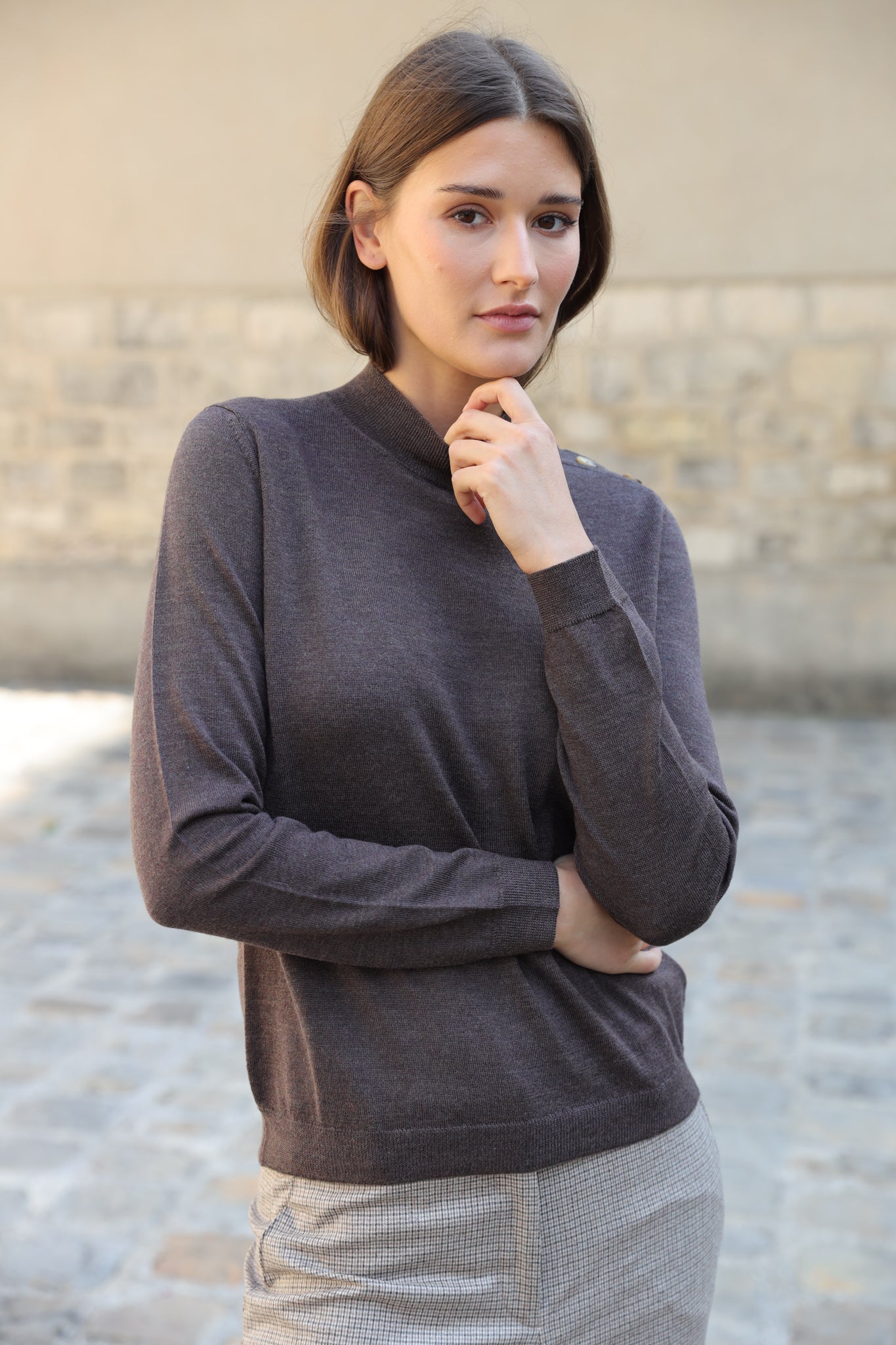 Pull col cheminée Elsa en laine mérinos - Marron-PULL FEMME-Curling-Paris