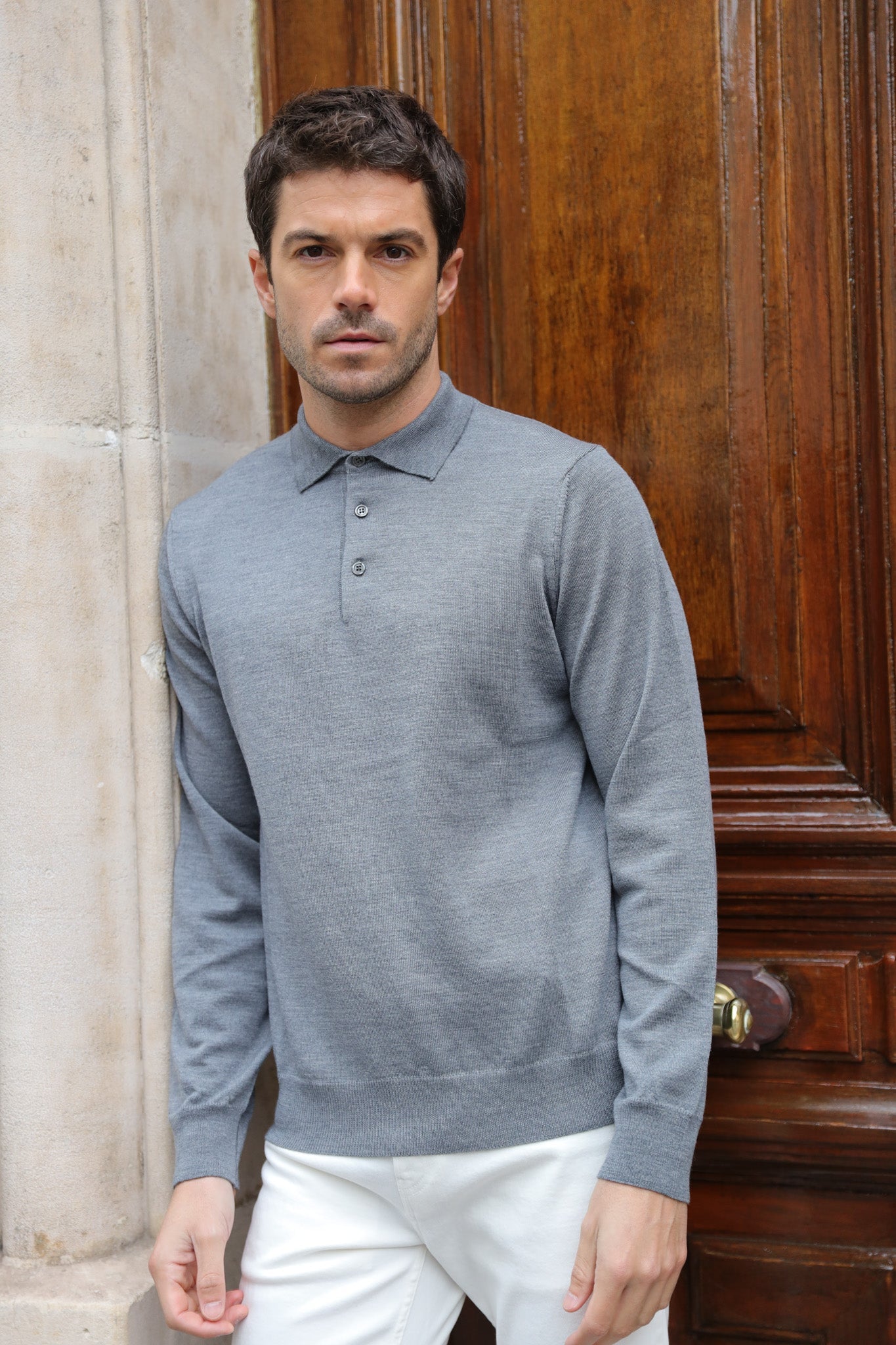 Pull col polo en laine merinos - Gris-PULL HOMME-Curling-Paris