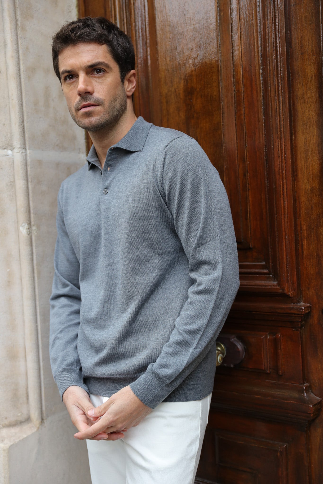 Pull col polo en laine merinos - Gris-PULL HOMME-Curling-Paris