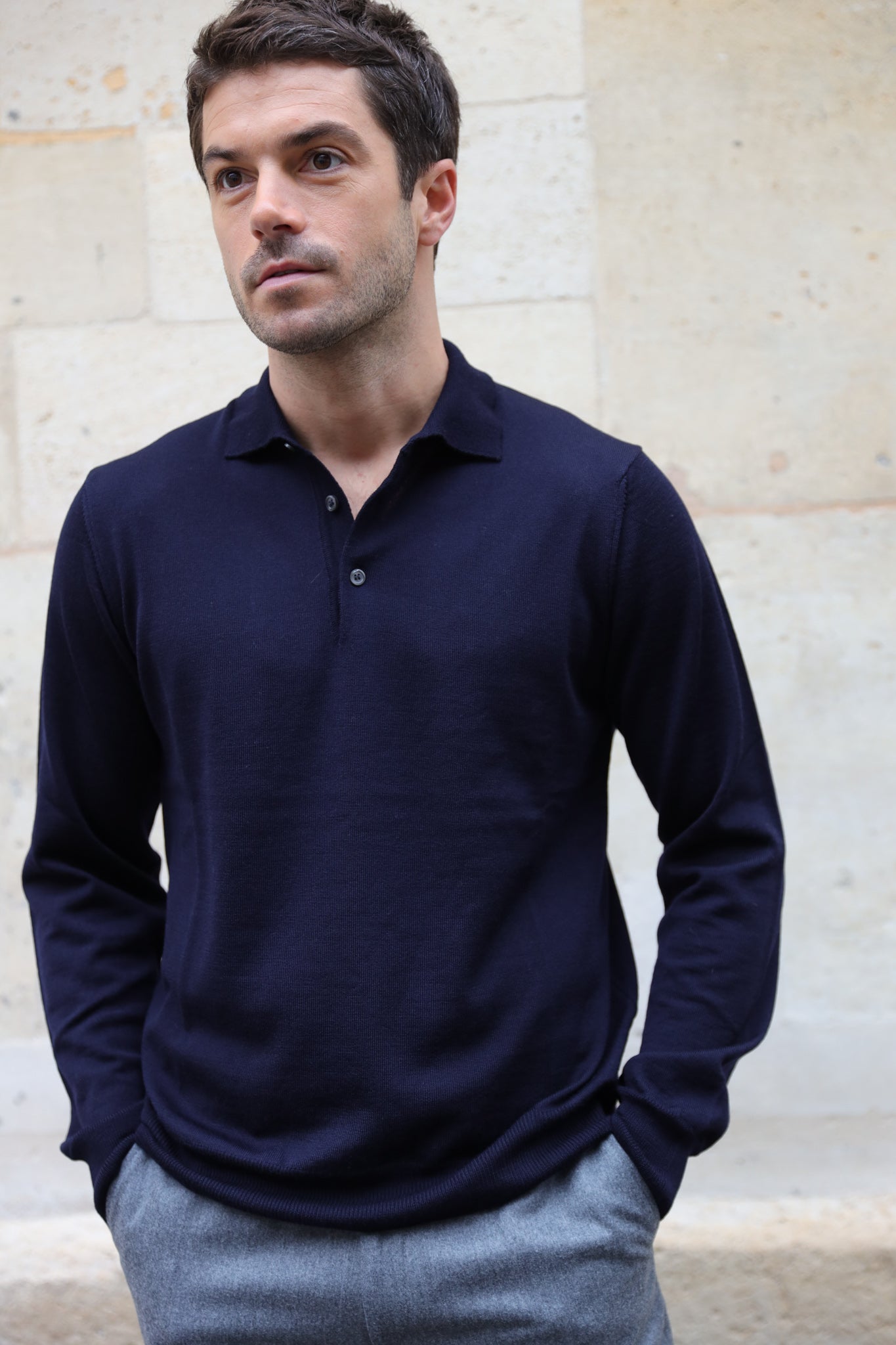 Pull col polo en laine merinos - Marine-PULL HOMME-Curling-Paris