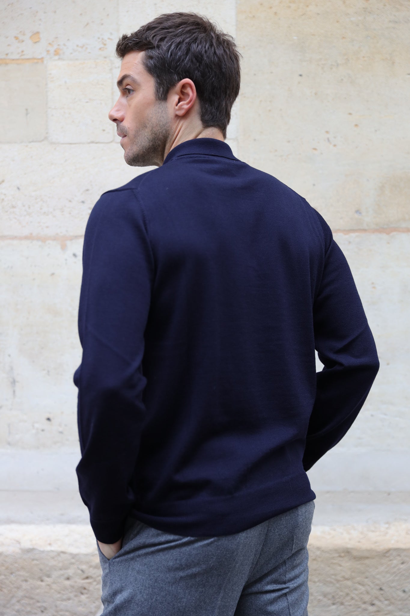 Pull col polo en laine merinos - Marine-PULL HOMME-Curling-Paris