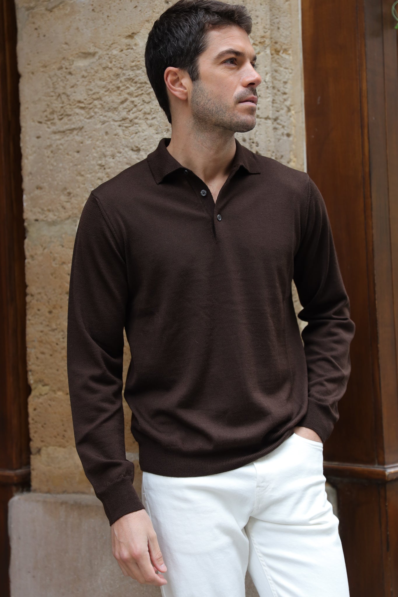 Pull col polo en laine merinos - Marron-PULL HOMME-Curling-Paris