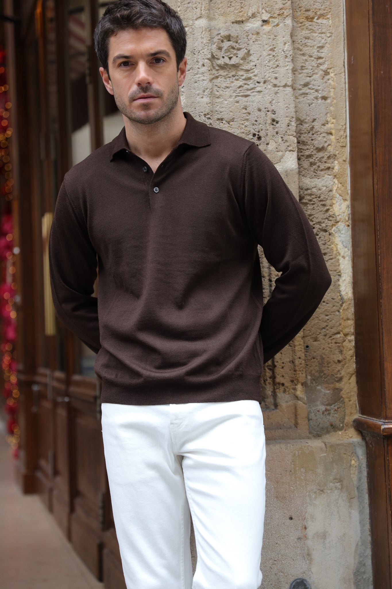 Pull col polo en laine merinos - Marron-PULL HOMME-Curling-Paris