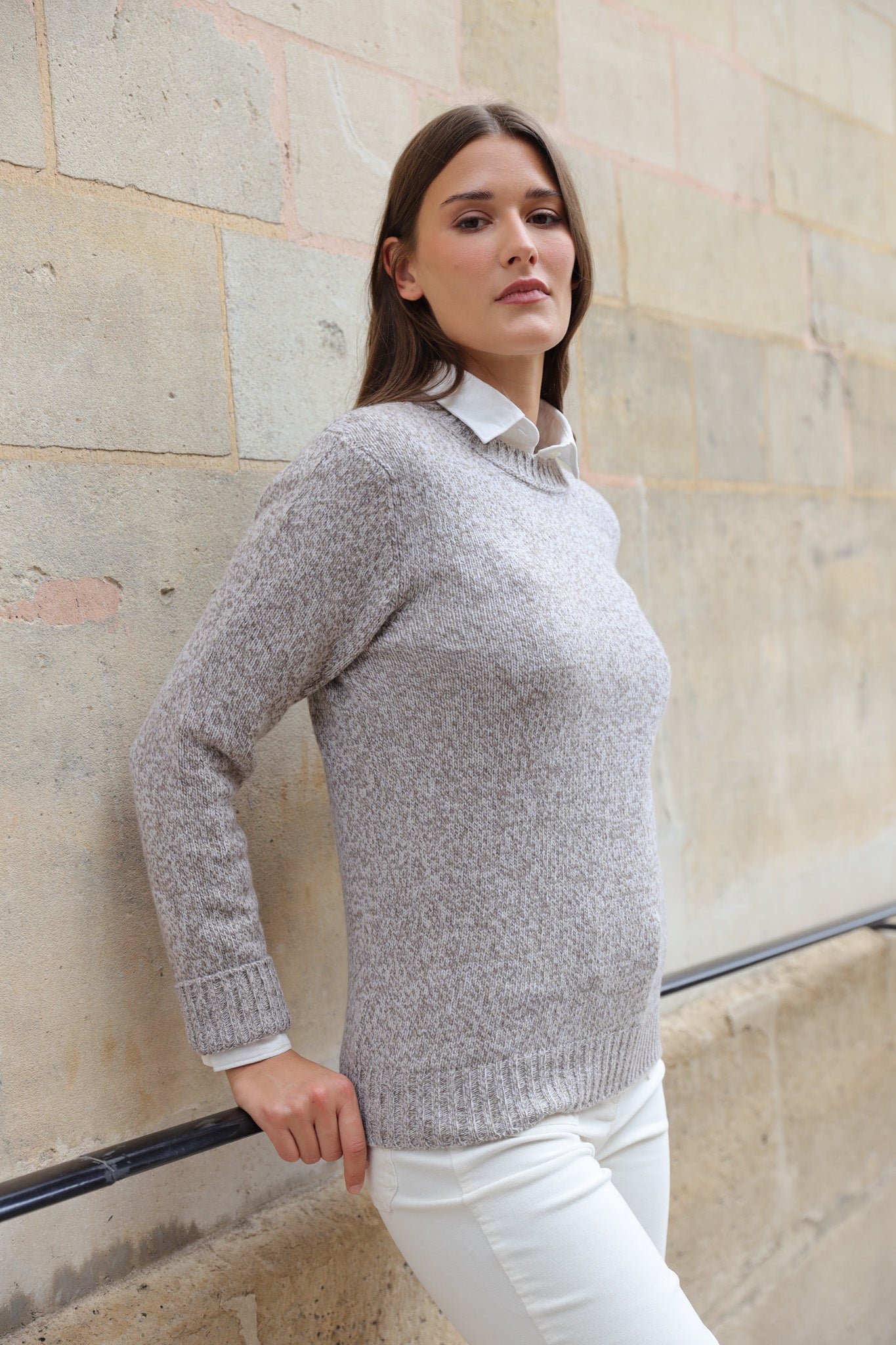 Pull col rond Mona en laine et cachemire - Beige Mouliné-PULL FEMME-Curling-Paris