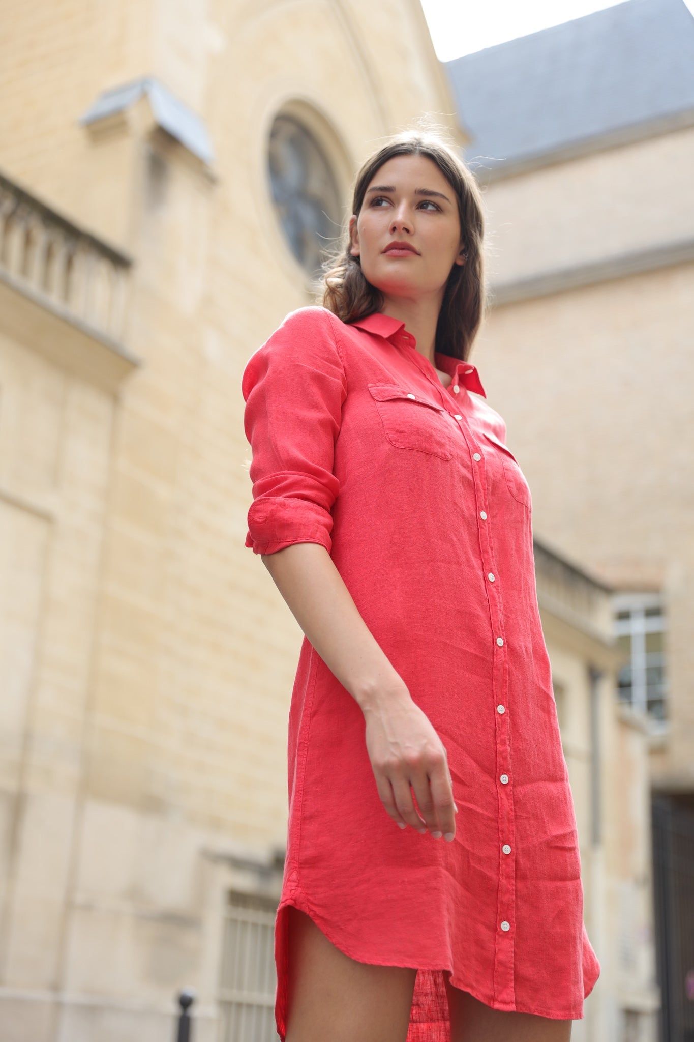 Robe chemisier June en lin - Rouge-ROBE FEMME-Curling-Paris