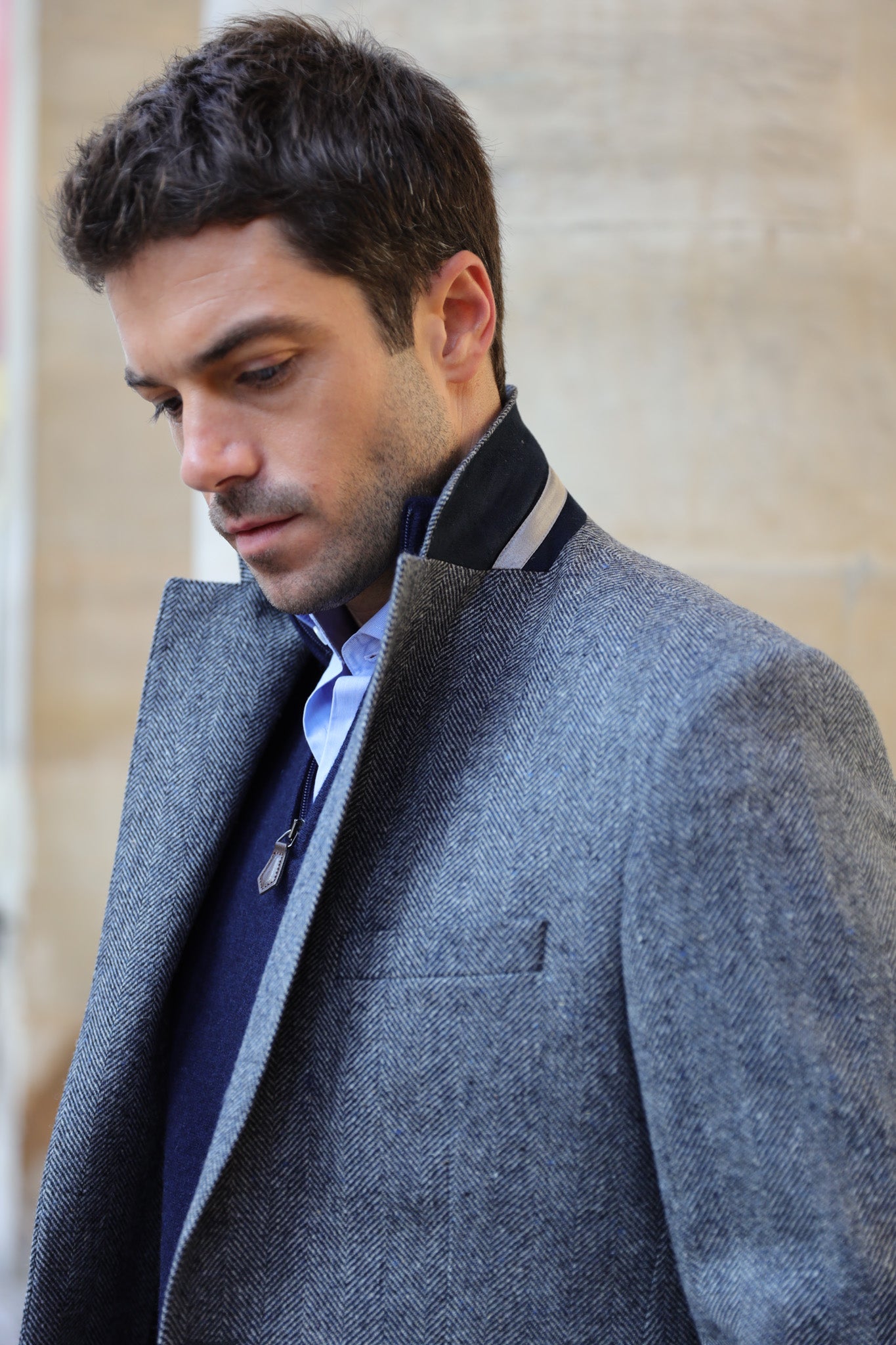 Veste Goal en laine mérinos - Chevron bleu gris-VESTE BLAZER HOMME-Curling-Paris