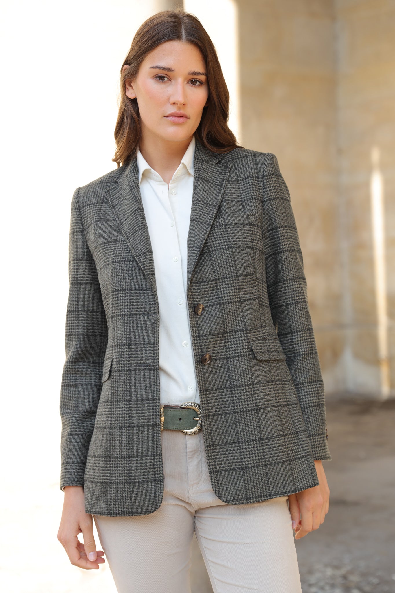 Veste Isabel en laine vierge - Prince de Galles Kaki-VESTE BLAZER FEMME-Curling-Paris