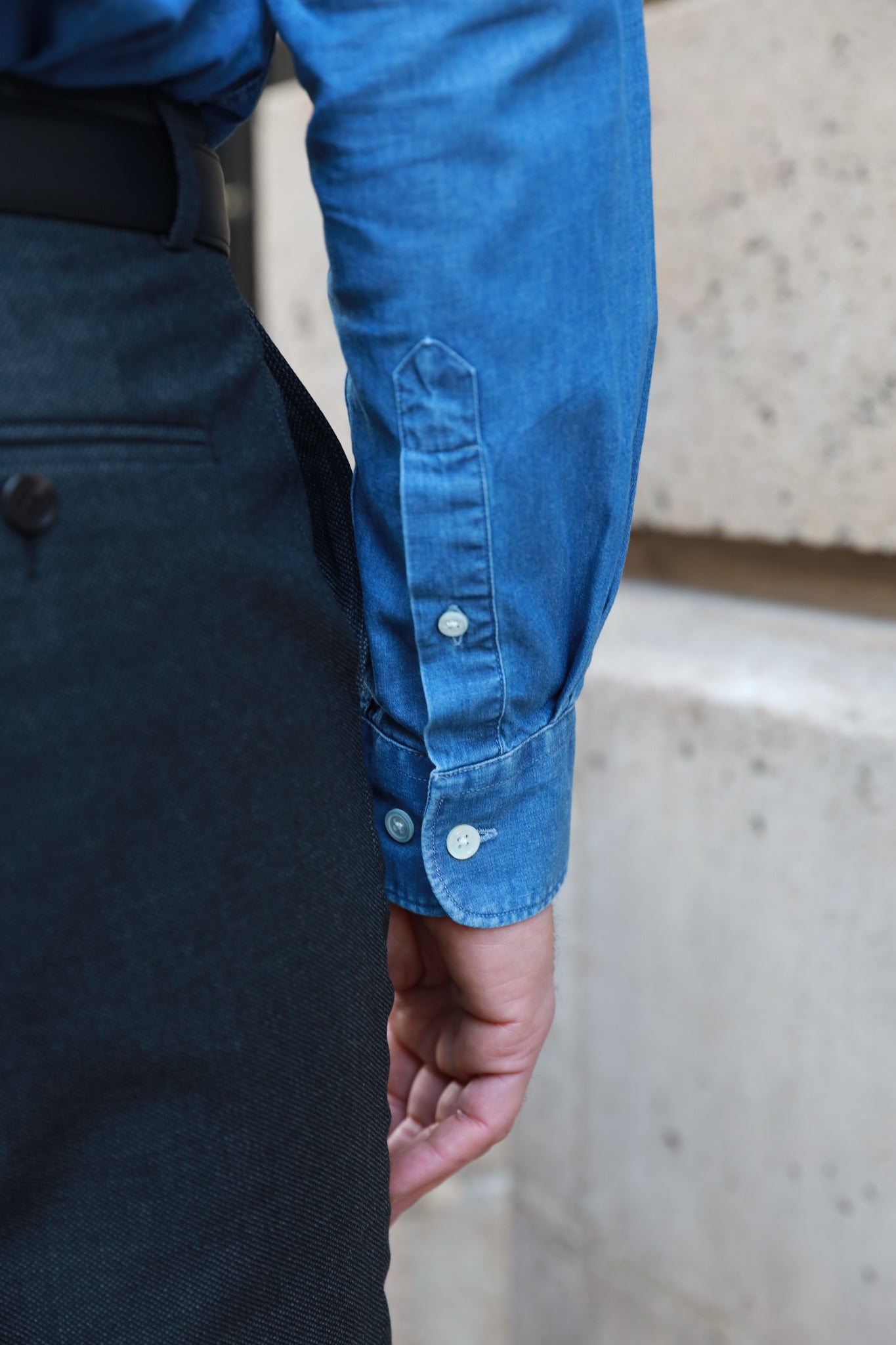 Chemise Calvin col italien en jean - Bleu moyen-CHEMISE HOMME-Curling-Paris