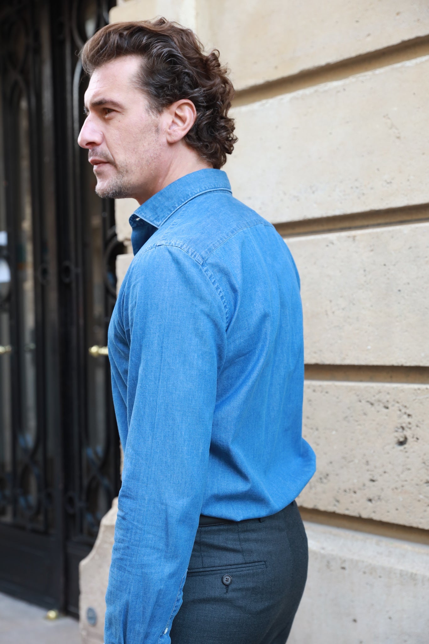 Chemise Calvin col italien en jean - Bleu moyen-CHEMISE HOMME-Curling-Paris