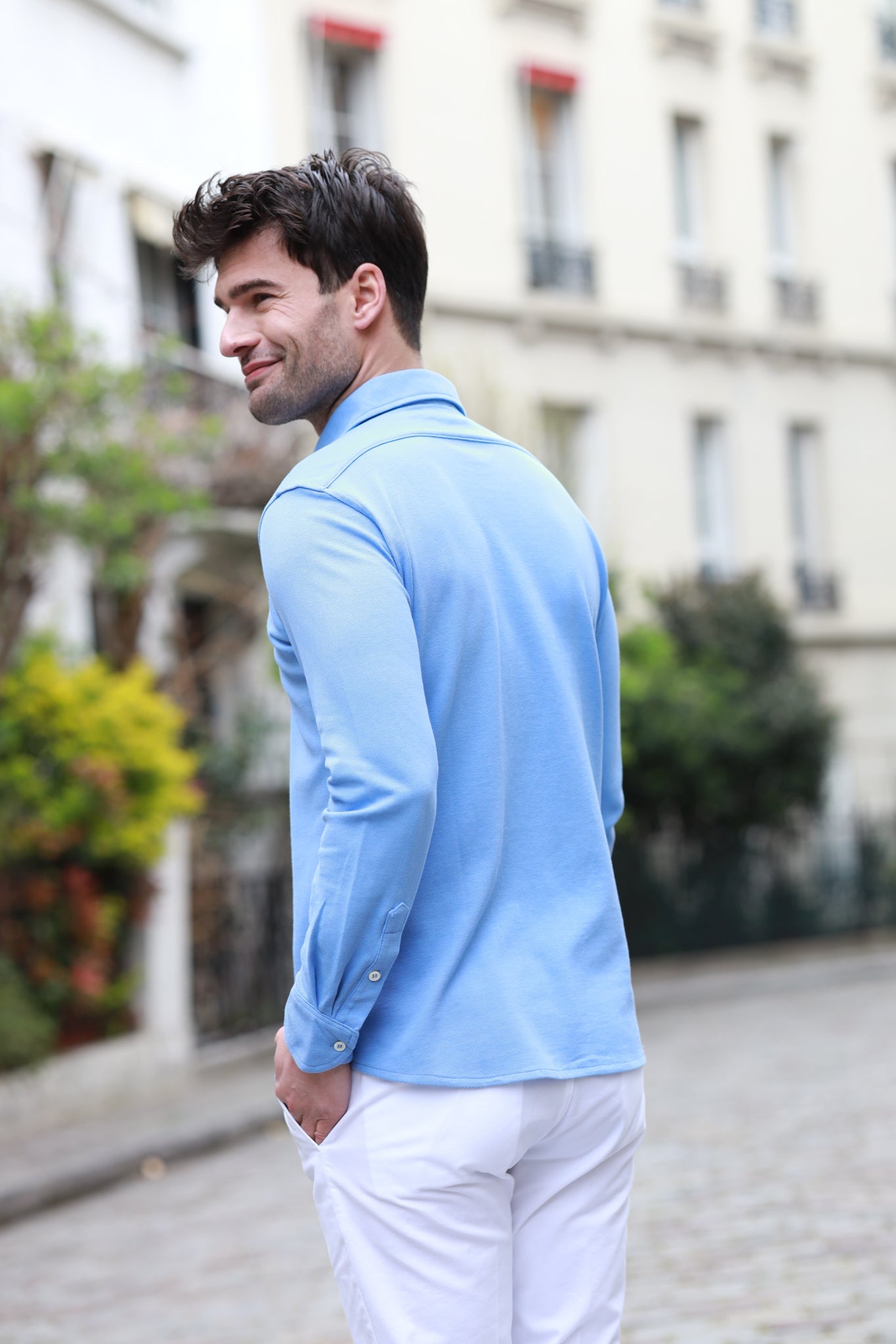 Enzo men's shirt in azure piqué cotton - Curling Paris