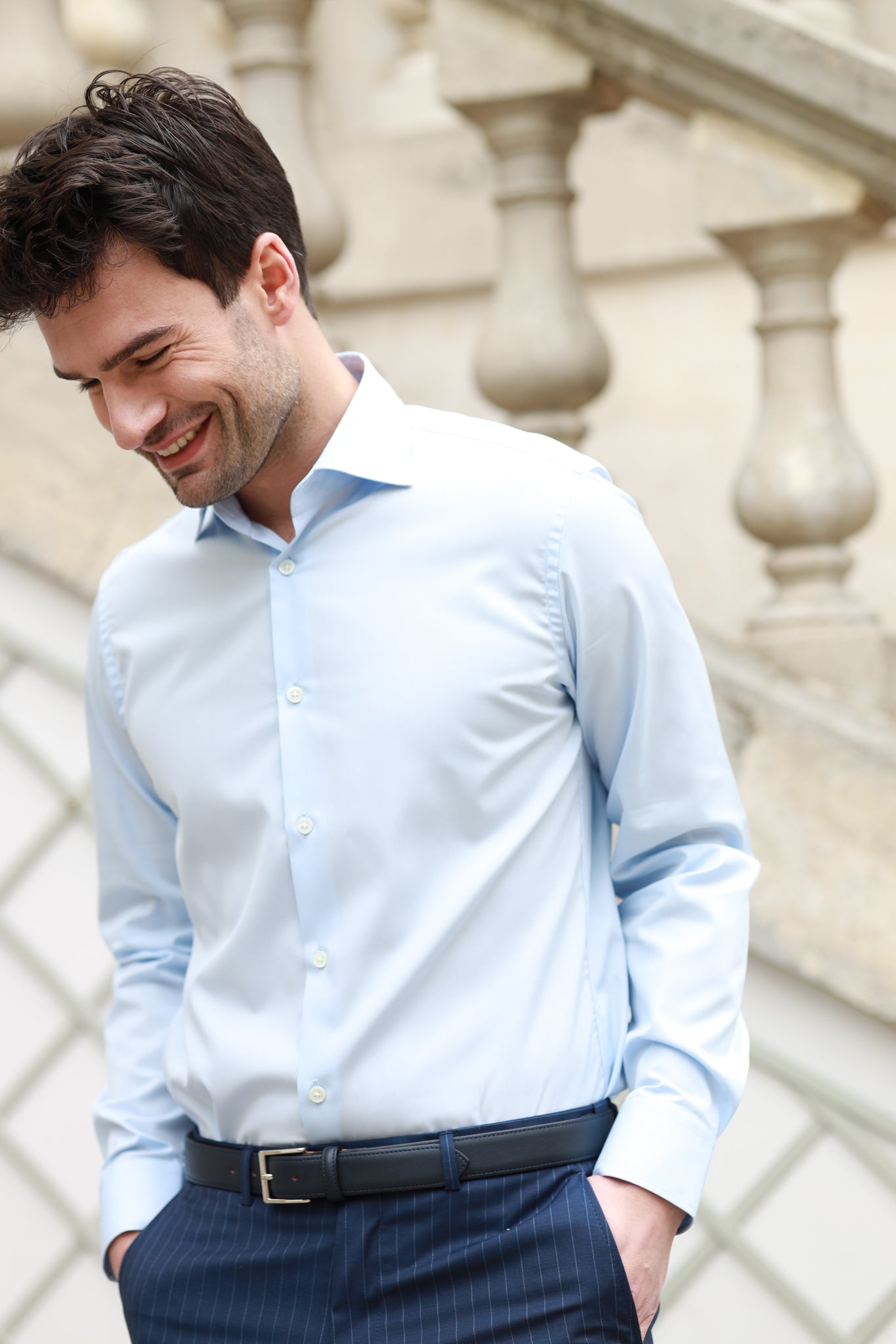 Chemise Gio col italien en coton technique Ciel