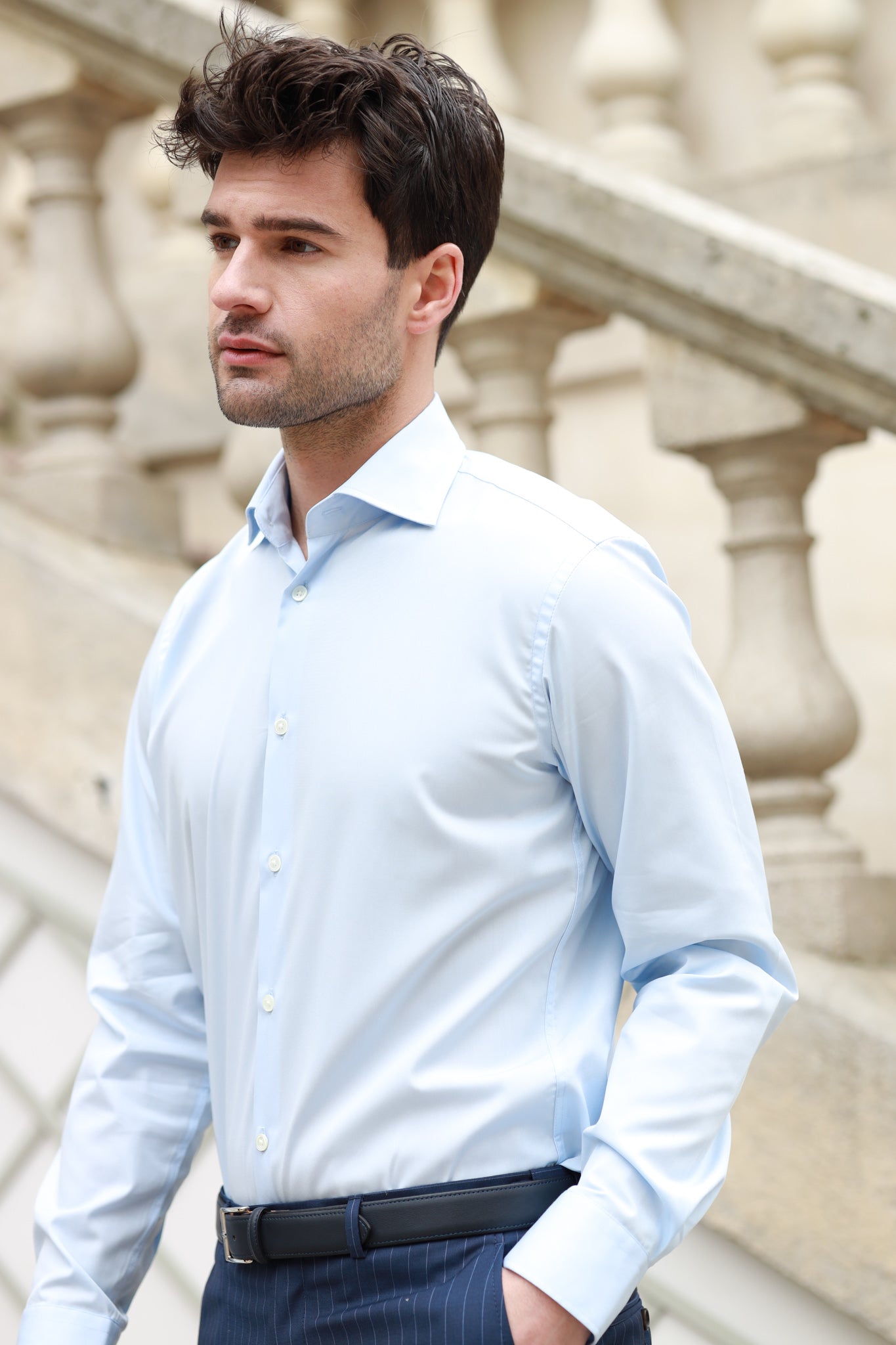 Chemise Gio col italien en coton technique Ciel