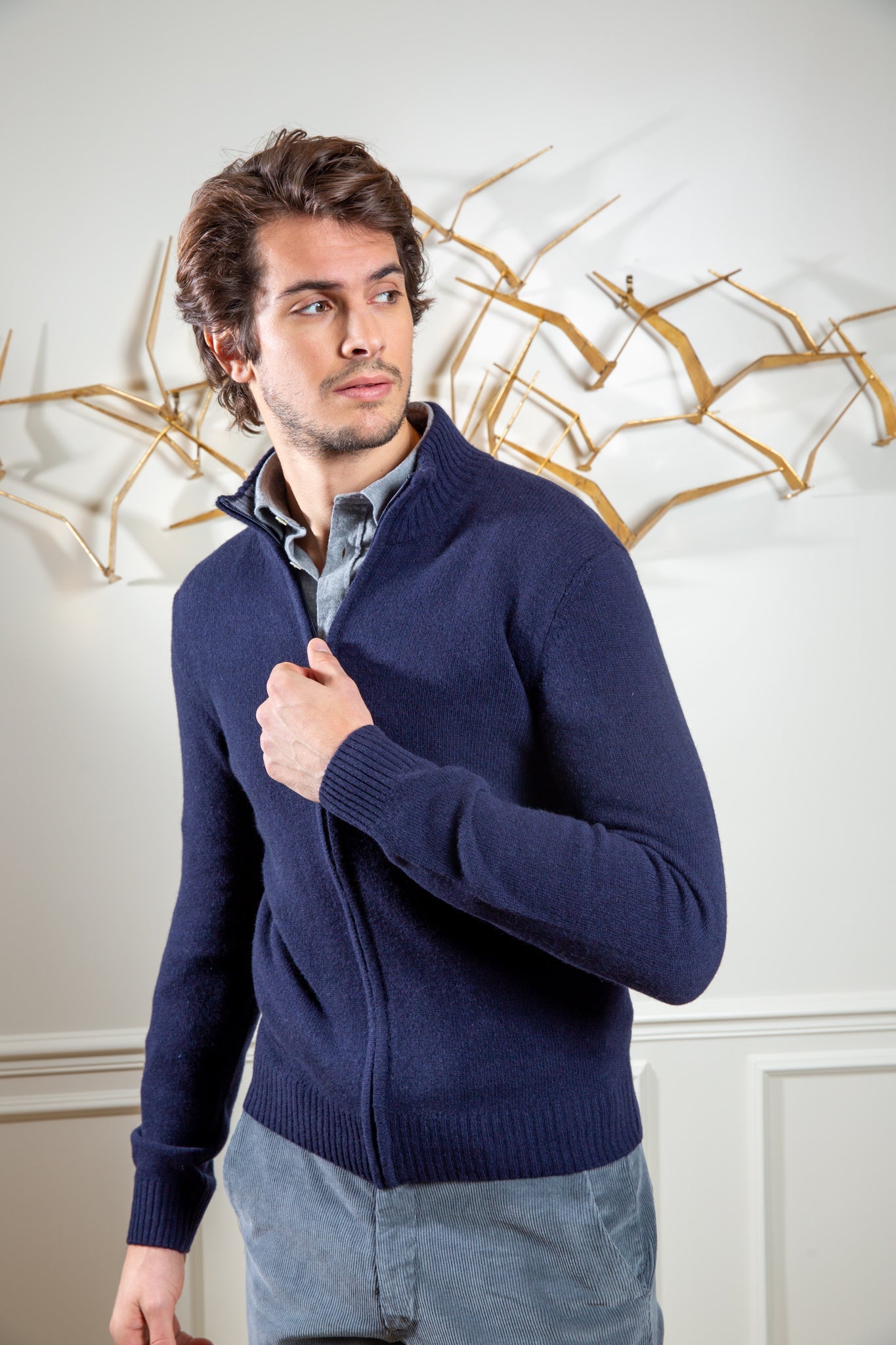 Zipped wool cashmere cardigan Navy