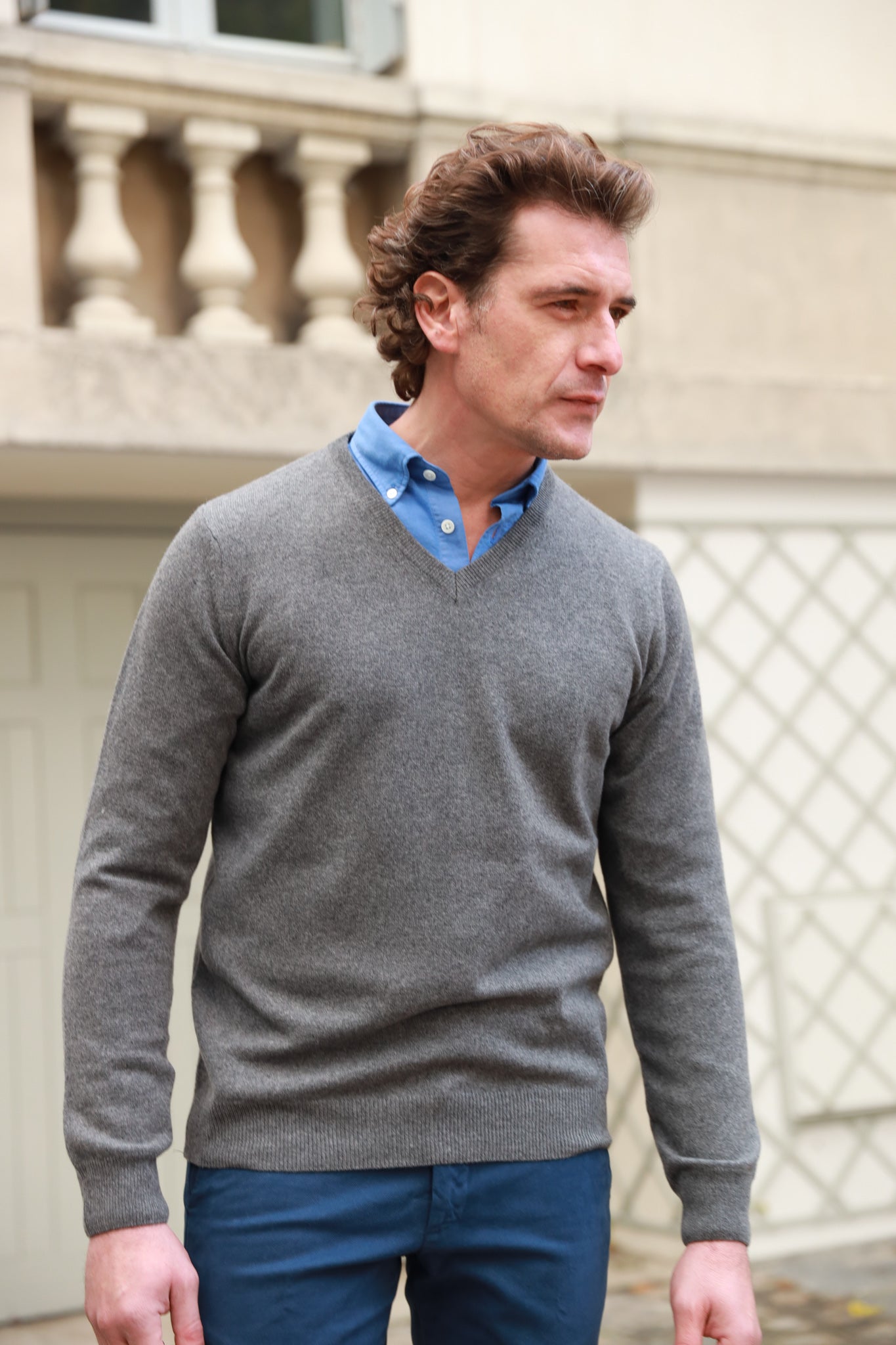 Pull Curling homme col rond en laine & cachemire marine made in Italy