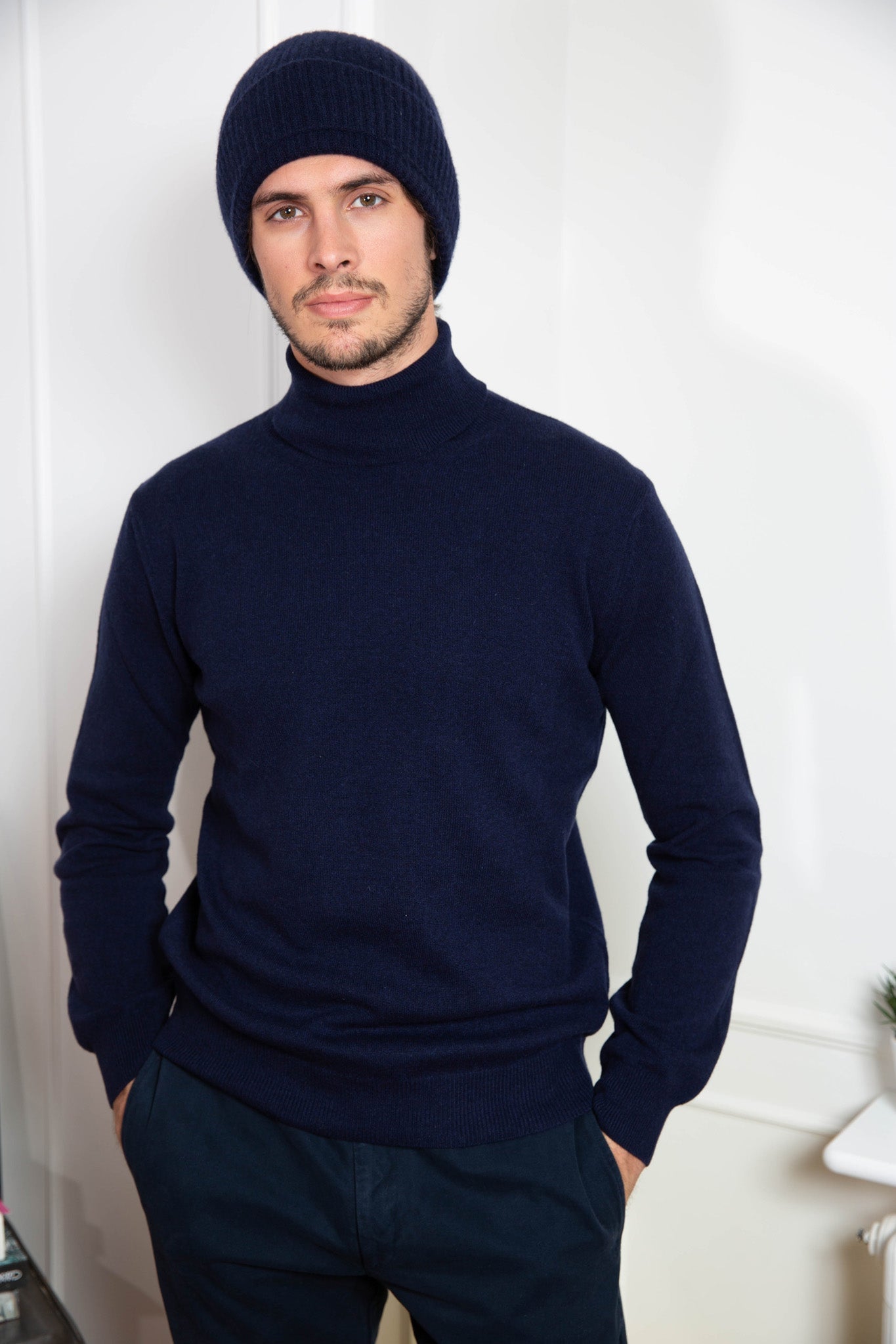 Pull Curling homme col rond en laine & cachemire marine made in Italy