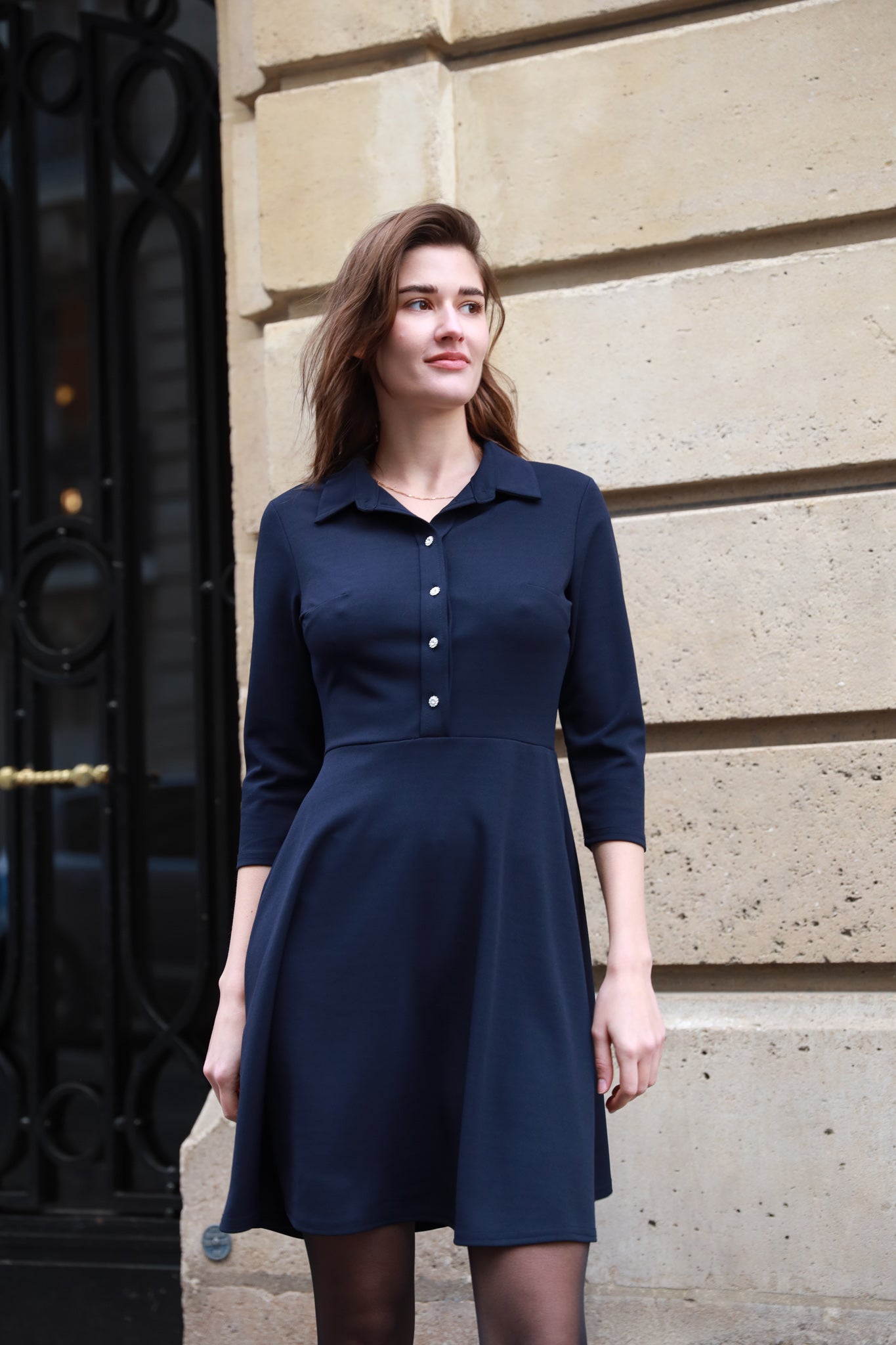 Coline dress with jeweled buttons Navy