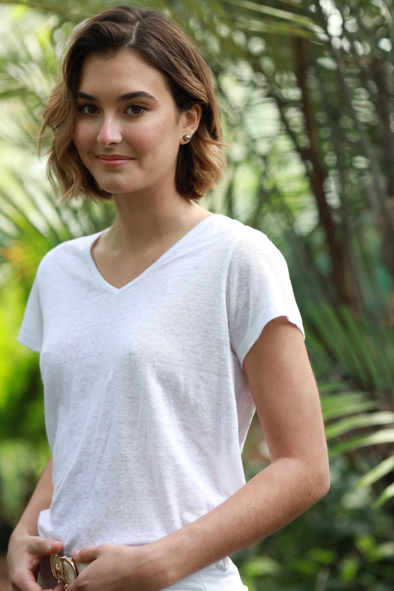 Jimmy Linen V neck T shirt White