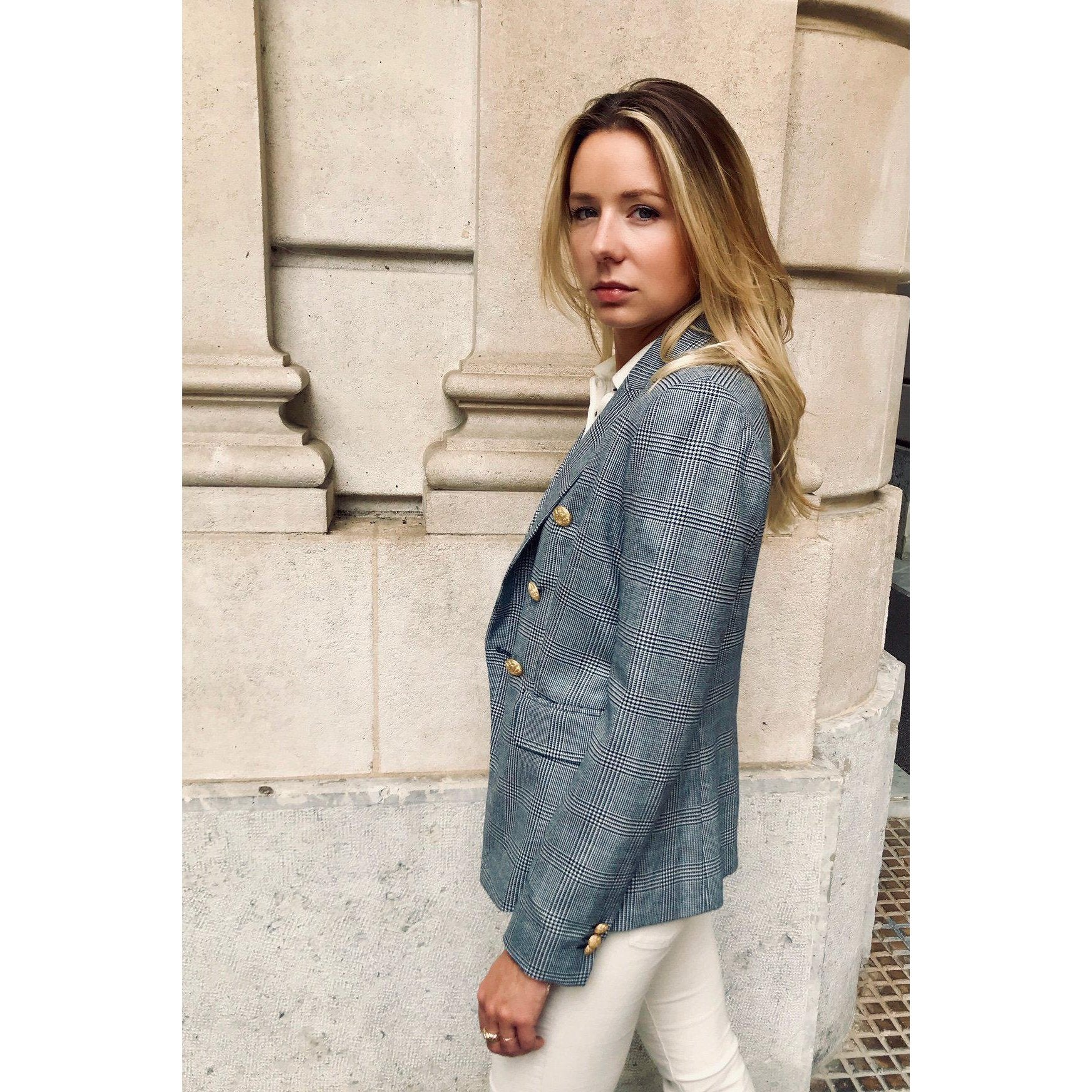 Vest Brigitte en laine - Prince de galles bleu-VESTE BLAZER FEMME-Curling-Paris