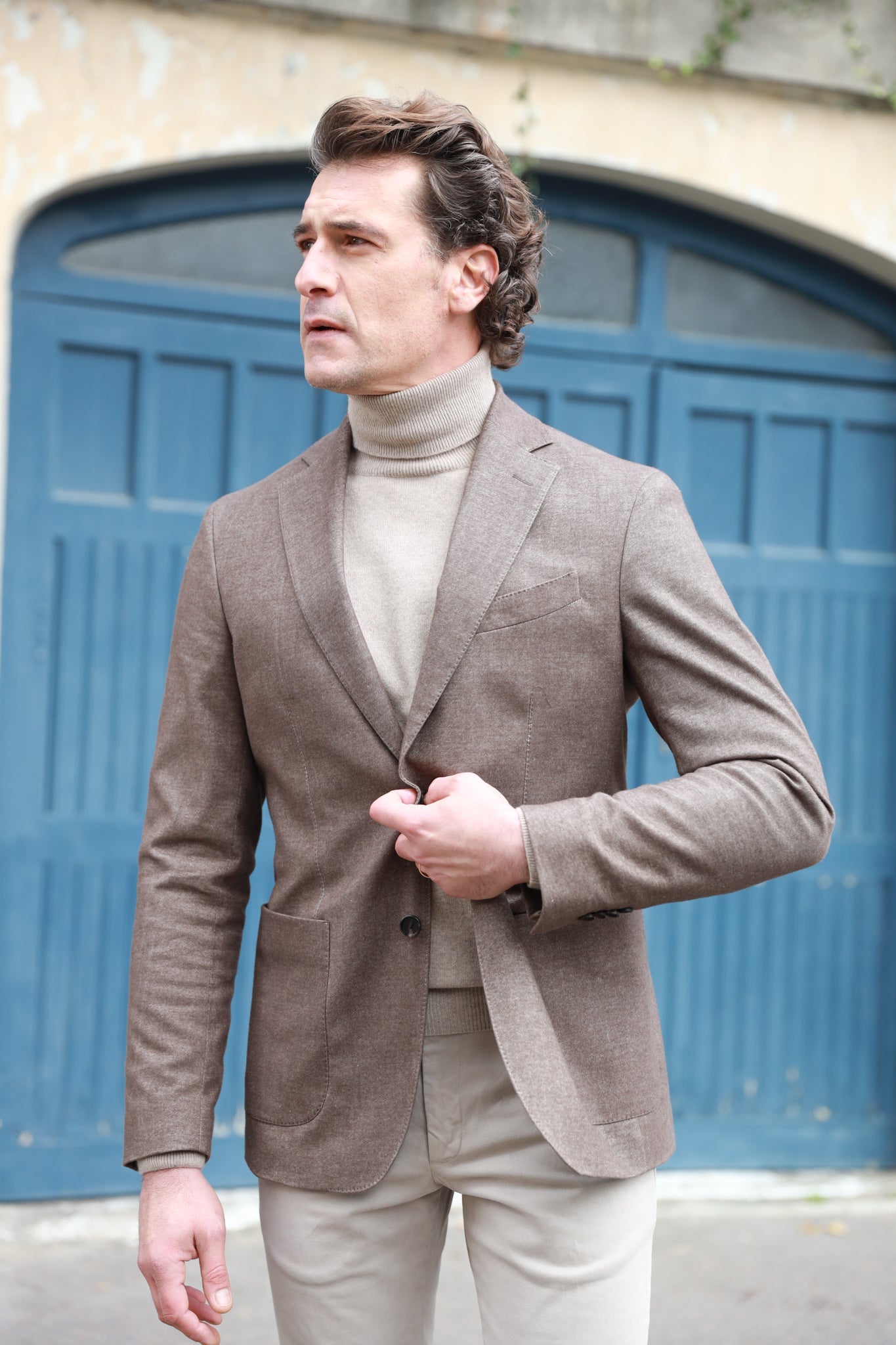 Veste d hiver homme en coton stretch taupe Curling Paris x Angelico